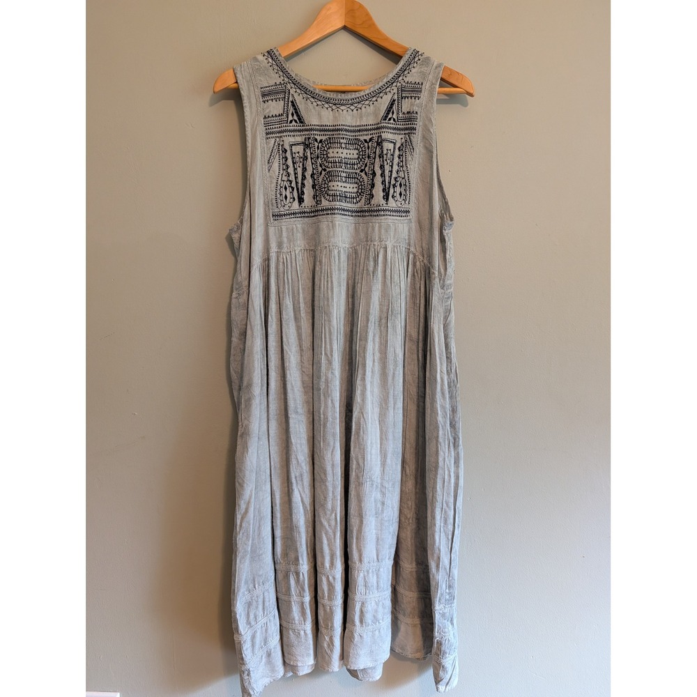 World Market Womens SM Grey Embroidered Cotton Gauze Sleeveless Midi Dress